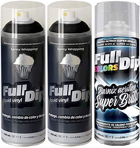 AutoFullCar - Pack 3 Spray Full Dip Negro Brillo FULLDIP 2 Spray Negro + 1 Spray Barniz Brillo DE Acabado Resistente