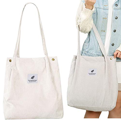 BAIBEI Bolso de Hombro de Pana, Bolso de pana, Mujer de Mano Viaje Bolsos, Bolsos de Hombro de Mujer de Moda Bolso de Compras de Gran Capacidad, Blanco