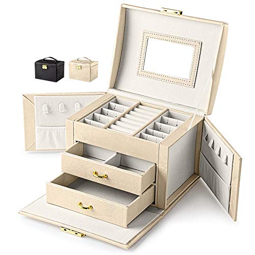 BalladHome Caja Joyero Caja para Joyas Organizador de Joyas con 2 Cajones Caja de joyería con Cerradura y Espejo,Portátil, para Pendientes, Pulseras, Anillos, Regalos Navidad- (Beige)