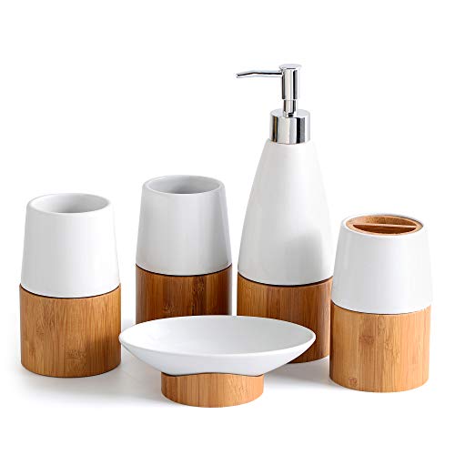 Barezo - Juego de accesorios para baño de bambú y cerámica, conjunto de diseño, madera natural, 2 vasos, cepillo de dientes, dispensador de jabón y jabón.