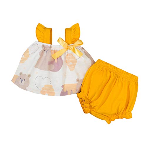 Bebé Chaleco con Volantes Pantalones Cortos Traje Niña Pequeña Oso de Dibujos Animados Traje Impreso Conjunto de Ropa para Bebés de 3-8 M Ropa de Verano Recién Nacida