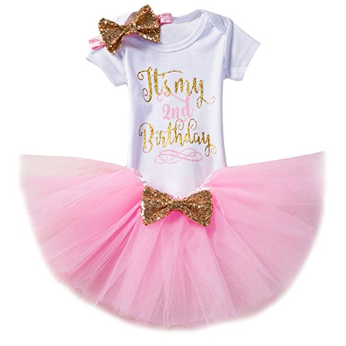 Bebé Niñas 1er / 2 ° Cumpleaños Princesa Trajes de Fiesta 3pcs/4pcs Conjunto de Mameluco + Tutú Falda + Diadema, Manga Corta, Rosa, 2 Años