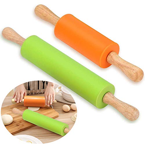 BESLIME Rodillo de Silicona 2Pcs Silicona Mango de Madera Rodillo, Antiadherente, Silicona Madera Mango Rodillo, para Hornear Pizzas, Galletas, Pasteles de Waffles, Casa, Cocina, Niños y Pasteles