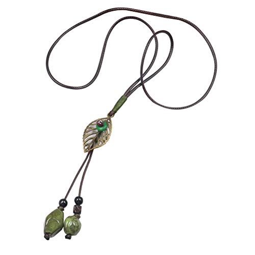 BESTOYARD Collar de cuentas de cerámica Hoja de cuero Suéter largo Cadena Collares Colgantes