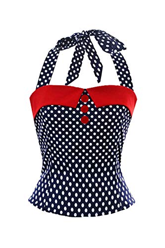 Besweeton Mujeres Polka Dot Blusa Vintage 50s Camisas Rockabilly Pinup Parte Tops Azul Marino L