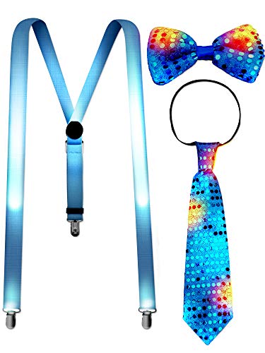 Blulu Juegos de Accesorios de Disfraz incluye Tirantes LED en Y, Pajaritas y Corbata Preatadas para Materiales de Fiesta Festival (Azul)