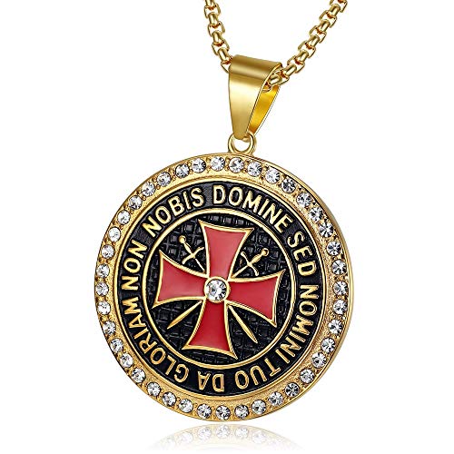 BOBIJOO JEWELRY - Colgante Templario 41mm Acero de Oro de Strass de Circonio de la Cruz Non Nobis + Cadena 60cm