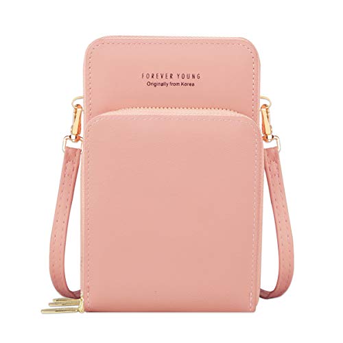 Bolso de teléfono móvil para mujer Monedero de cartera cruzada Mini bolso de teléfono celular cruzado de cuero ligero con ranuras para tarjeta de correa (Luz Rosa)