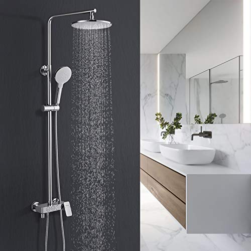 BONADE Columna de Ducha con Grifo Sistema de Ducha de Latón y Acero Inoxidable con Pulsador y Grifería Girante Conjunto de Ducha Ajustable en Altura (88-137 cm) para Ducha y Bañera