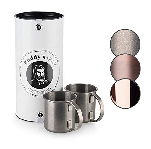 Buddy´s Bar - 2 tazas de mula de Moscú, 450 ml, taza de acero inoxidable de alta calidad, apta para alimentos, vaso de cóctel con caja de regalo, acero inoxidable antiguo, juego de 2