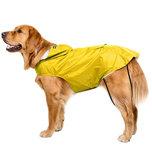 Bwiv Impermeable Chubasquero para Perros Grandes con Capucha Ajustable Ultra-Light Transpirable Impermeable para Mascotas Perros con Banda Reflectante Talla 3XL-5XL (3XL, Amarillo)