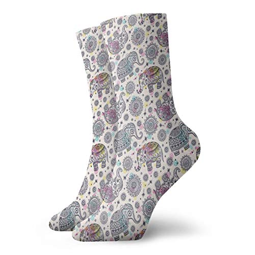 Calcetines suaves de longitud media de pantorrilla, figuras de elefante oriental con adornos folclóricos étnicos, diseño hippie bohemio, calcetines para hombres y mujeres