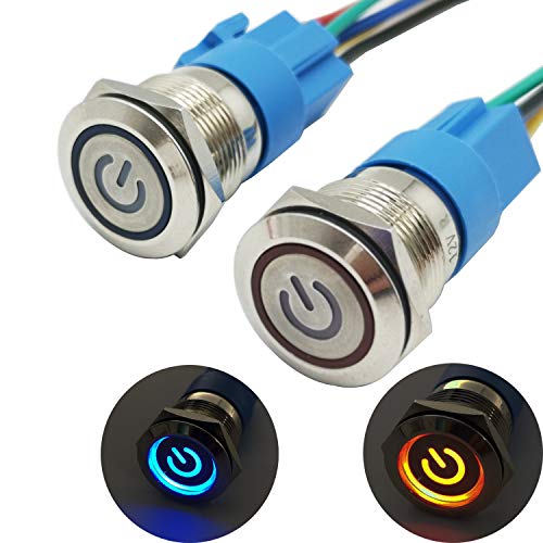 CESFONJER 2 Pcs Interruptor de Botón de Bloqueo | Botón Interruptor Resistente al Agua | 16 mm 12V Metal Encendido/Apagado Para Automovil, Barco, Etc (LED Azul + LED Rojo)