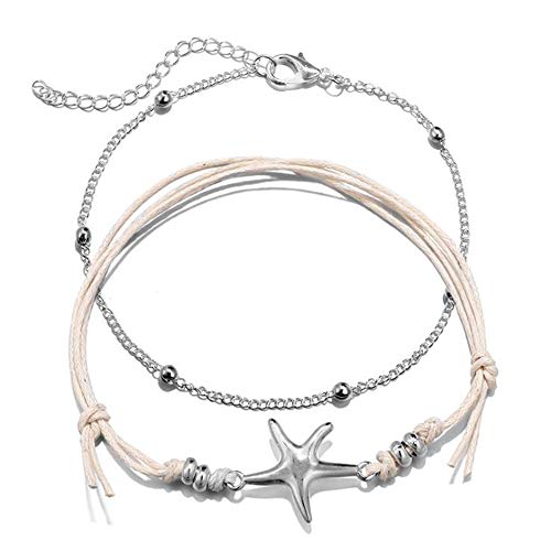 Conjunto de 2 piezas de cadena de tobillo Mujeres estrella de mar plata Tobilleras niña Multi-capa Trenzada cuerda pulsera ajustable mujer