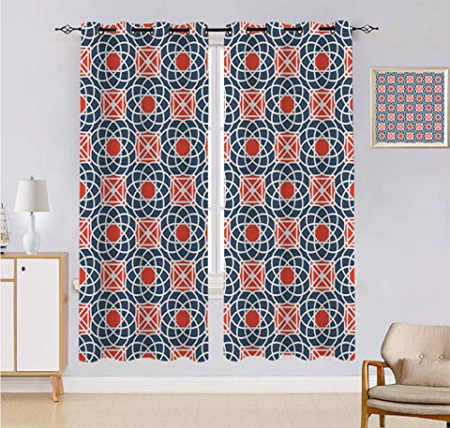 Cortinas geométricas hechas a medida, líneas intrincadas y cuadrados, con imagen abstracta, juego de 2 paneles, cada panel de 152 cm de ancho x 222 cm de largo, color azul bermellón blanco