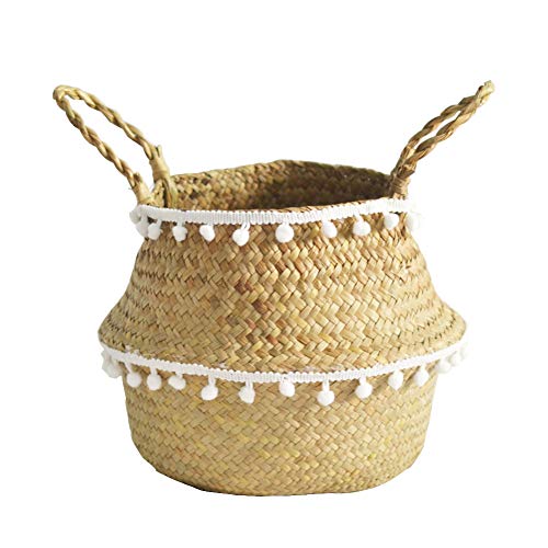 Cozywind Natural Cesta Tejida a Mano,Plegable Cesto de Almacenamiento para la Colada, Flores, Plantas, Juguetes (32cm-con Borla)