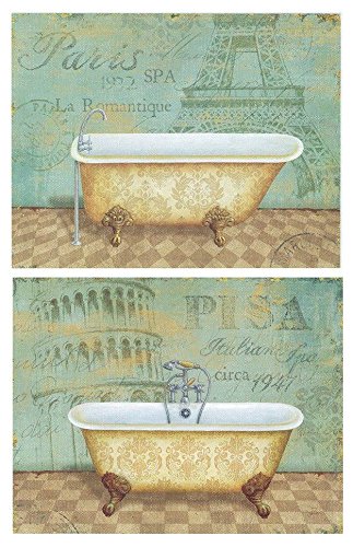 Cuadros de baño/Bañeras Tonos Verdes París, Pisa. Set de 2 Unidades de 19 cm x 25 cm x 4 mm unid. Adhesivo FÁCIL COLGADO. Adorno Decorativo. Decoración Pared hogar