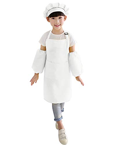 Delantales Niños Cocinero Cocina Cocinando Ropa para Hornear Pintura Clase de Bricolaje Ajustable Delantal con Conjunto de Sombreros Blanco M(3-6Y)