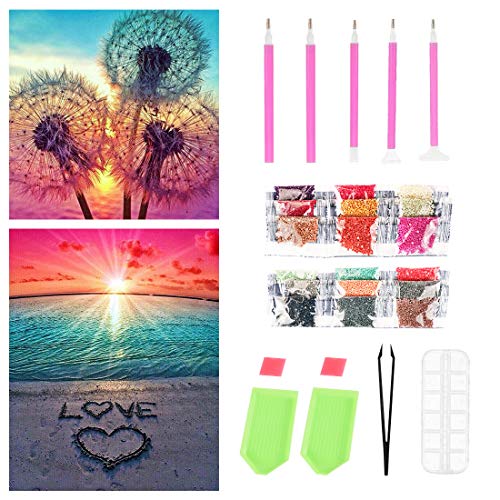 DIY 5D Diamante Pintura Kits, Amor de Playa y Diente de León Diamond Painting, DIY 5D Diamond Pintura por Número Kit, Completo Bordado Punto de Cruz Diamante Craft for Home Wall Decoration (Rosado)