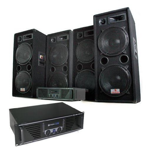 DJ PA Juego completo Phuket Pulsar Pro (4 x Auna PW 2222 Cajas + 2 x Skytec PA Amplificador de 1000)