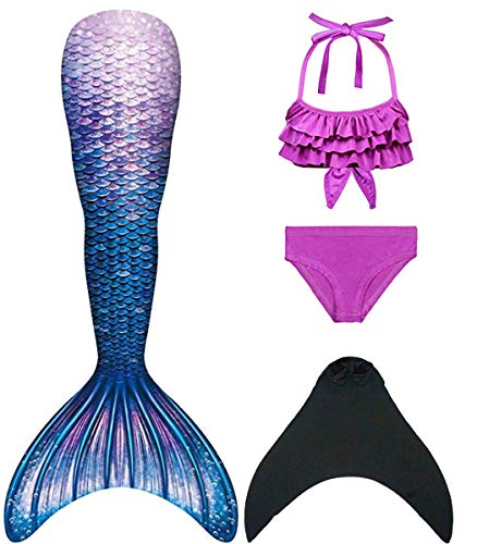 DNFUN Traje de baño de Cola de Sirena para niñas con Princesa de Sirena Traje de baño de Cosplay para Nadar con Bikini y Monofin, Juego de 4