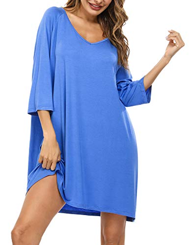 Doaraha Camisones de Algodón Modal para Mujer Vestido Camisón Super Suave Pijama Ropa de Dormir Talla Grande Verano Camisa de Dormir Cuello en V Manga 3/4 Loungewear (Lago Azul, 2XL)