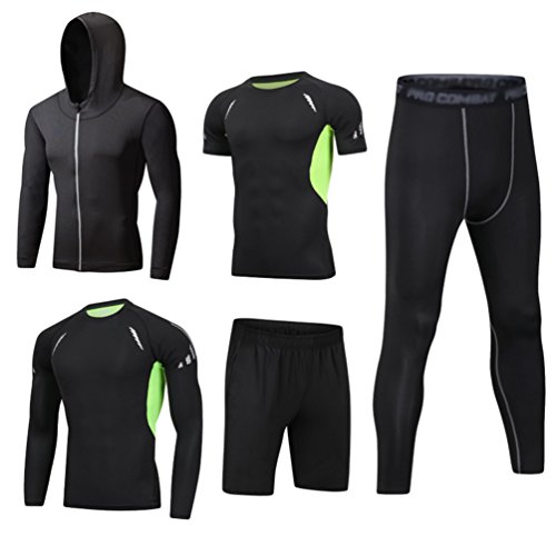 Dooxii Hombre 5 Piezas Secado Rápido Conjunto Compresión Ropa Sudaderas con Capucha y Pantalones Cortos y Leggings y Manga Corta y Manga Larga Tops Apretada para Running Fitness Entrenamiento L