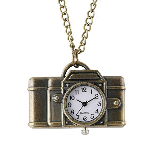 DSHUJC Reloj de Bolsillo, Forma de cámara de Bronce Vintage Números arábigos Pantalla Reloj de Bolsillo de Cuarzo Mini Reloj Colgante Fob Cadena de suéter Regalos para