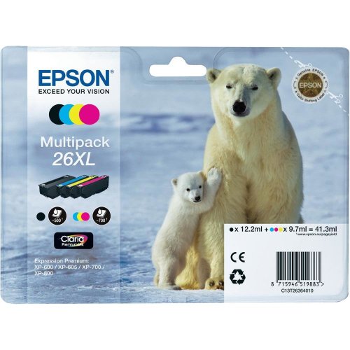 Epson Multipack 26XL 4 colores (etiqueta RF) - Cartucho de tinta para impresoras (Negro, Cian, Magenta, Amarillo, 41,3 ml, Epson Expression Premium XP-600 Epson Expression Premium XP-605 Epson Expression Premium XP-700, 192 x 45 x 141,75 mm, 156,9g (5.53 