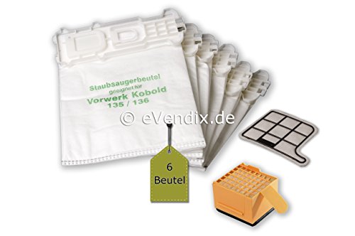 eVendix Juego de filtros Adecuado para Vorwerk Kobold VK 135/136: 6 Bolsas de aspiradora/Bolsa de Polvo + 1 microfiltro higiénico HEPA + 1 Mot