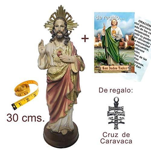 Figura Sagrado Corazón de Jesús 30 cms. Pintada a Mano. De Regalo Cruz de Caravaca y Estampa. También de Regalo estampas de San Expedito, San Pancracio y San Miguel.