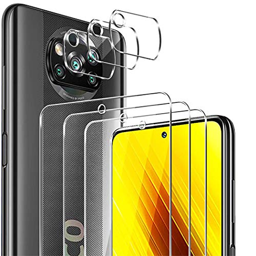 Flysee [3 Piezas] Protector de Pantalla para POCO X3 NFC + [3 Piezas] Protector de Lente de cámara, Cristal Templado de HD, Anti-Arañazos, Sin Burbujas, Cobertura máxima