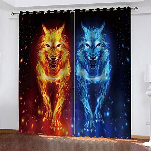 FOssIqU Cortina de aislamiento de dormitorio 3D 46x90inch Lobo de dibujos animados de fuego de hielo Sala de estar dormitorio sala de niños cortina decorativa 3 cortina de impresión fibra de poliéster