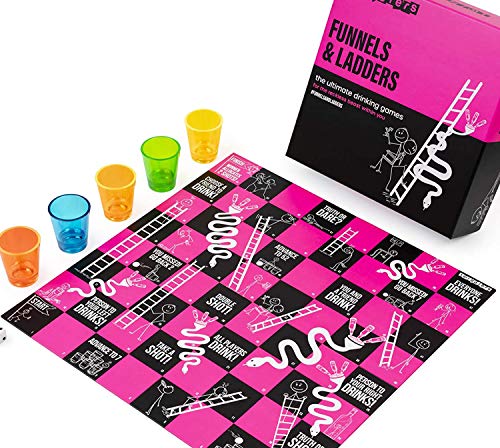 FUNNELS & LADDERS, El Mejor Juego de Mesa Beber Adultos| Juegos de Bebida con Vasos de Chupito y Dados de Juego| Divertidos Colores Brillantes| Snakes & Ladders Navidad Año Nuevo Cumpleaños Fiestas.