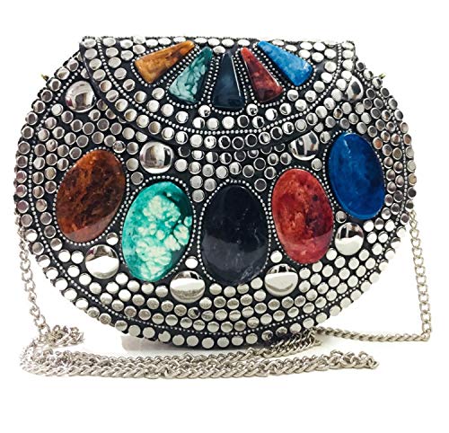 Gauri Latón cuenta con cuentas moned étnico niñas bolsa de novia bolso de oro cruz bolso para las mujeres/chica fiesta embragues de metal Vintage latón (Plata)