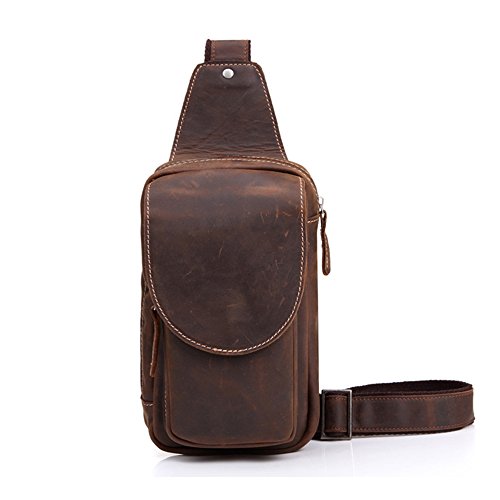 Gendi Cuero genuino de la vaca para hombre Deporte Excursionismo Viajar Cruzar Pecho Bolsa de hombro Daypack Bolso de la honda (Marron oscuro)