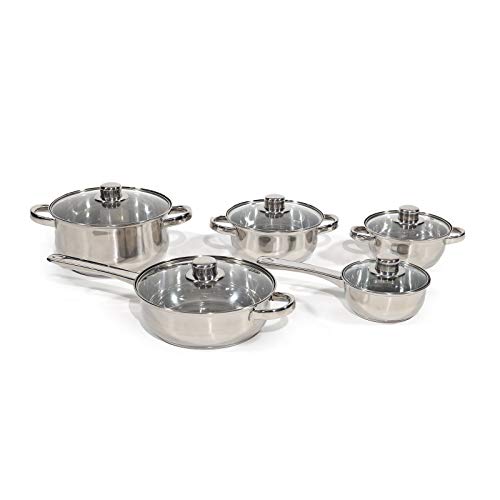 GENERAL TRADE Batería de cocina sabor casa de acero con tapas de cristal templado con válvula de purga, ideal para sopas, verduras, pasta, paquete de 10 unidades