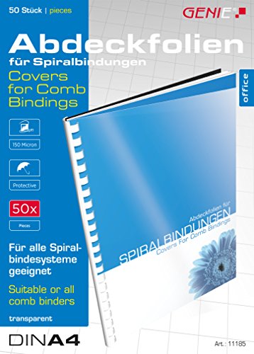 Genie 11185 - Cubiertas de encuadernación (50 unidades, formato A4, 100 micrones, para todo tipo de encuadernadoras), transparentes