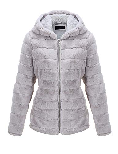 Geschallino Chaqueta con Capucha de Suave Piel Falsa para Mujeres, Campera Corta con 2 Bolsillos, Buzos Esponjosos Polares y Cálidos para Invierno, Verano, Gris, XL