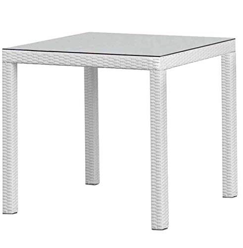 HABITMOBEL Mesa Exterior TERRAZA Jardin Aluminio, ratán Blanco Beige, 80x80 cms