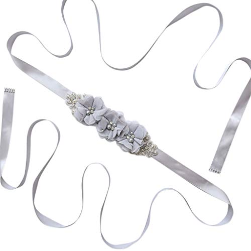 Haptian Para Mujer Elegante de Tres Flores Sash Rhinestone con Cuentas Cintura Nupcial Cinta Cummerbunds Vestido de Boda Cinturón de Cintura(Gris-Total Longitud: 270cm/106.30in-1trozo)