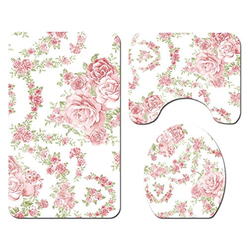 HERCHR Juego de Cortina de Ducha Floral, Cortina de Ducha Decorativa Impermeable Rosa Impresa Rosa con Ganchos o Juego de Alfombra de baño a Juego(Set de alfombras de baño)