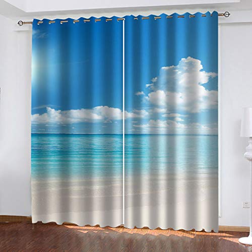 HHANN Cortinas Termicas Aislantes Frio Ventana - Cortinas Opacas De Dormitorio Salon - Cortinas Termicas Aislantes Con Ojales, 2 Paneles 140x260cm（An X Al）3D Cielo Azul Y Nubes Blancas Paisaje Marino