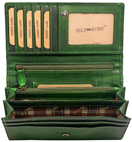 Hill Burry Cartera de Cuero para Mujer | Billetera - Monedero de Cuero Genuino con Aspecto Vintage | Mujeres - Hombre | XXL Largo Grande Capacidad (Verde)