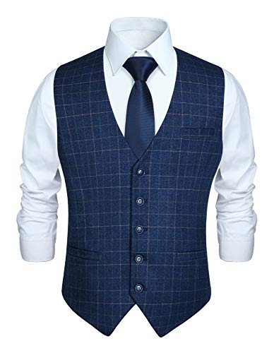 HISDERN Chaleco formal de fiesta de boda para hombres Chaleco de algodon a cuadros Azul real Vestido de traje Chaleco