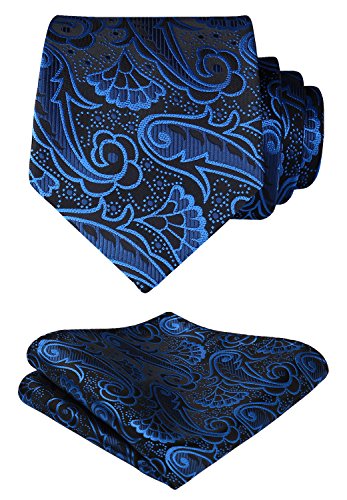 HISDERN Extra largo Floral Paisley lazo del panuelo Hombres Corbata & Plaza de bolsillo Conjunto Azul negro