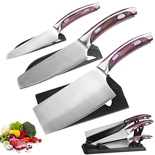 Home Safety Juego de Cuchillos de Cocina 3 Piezas, Juego de Cuchillo cocinero profesional, Diseño ergonómico, Cuchillo chino, cuchillo de chef, cuchillo de frutas Acero inoxidable afilado