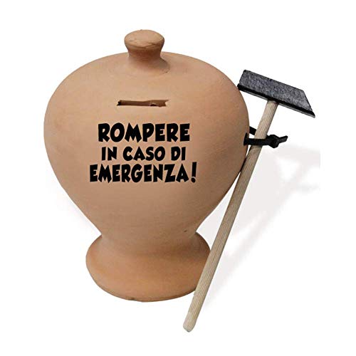 Hucha de terracota estilo vintage con martillo – Medidas 20 x 15 cm – Rompere en caso de emergencia