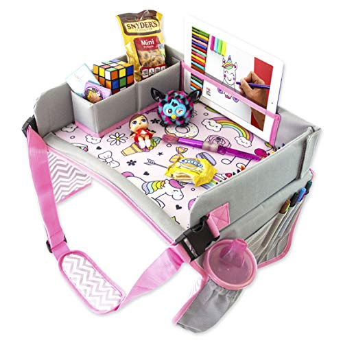 INSAT Mesa Para Niños en el Asiento de Coche, Bandeja Para Viajes, Escritorio Regazo Niños, Organizador Plegable, Bandeja para refrigerios, Soporte Para Tableta, Bolsillos de almacenamiento.