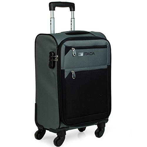 ITACA - Maleta de Viaje Cabina 4 Ruedas Trolley 54 cm poliéster eva. Equipaje de Mano. Blanda, y Ligera. Mango Asas candado. Low Cost ryanair. 701050, Color Gris-Negro